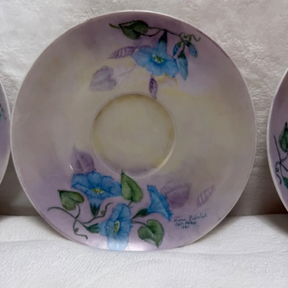 Belle Wilson Hand Painted Violet Floral Porcelain Saucers Set‎ of 4 1985 Vintage